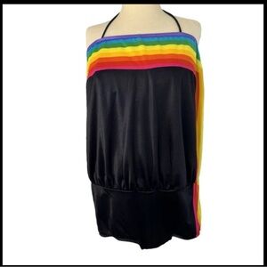 Rainbow Halter Swimsuit L XL 14 Vintage 80s Union Made USA Built in Bra
